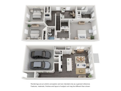 a stylized 3d floor plan of a house with a bedroom and living room